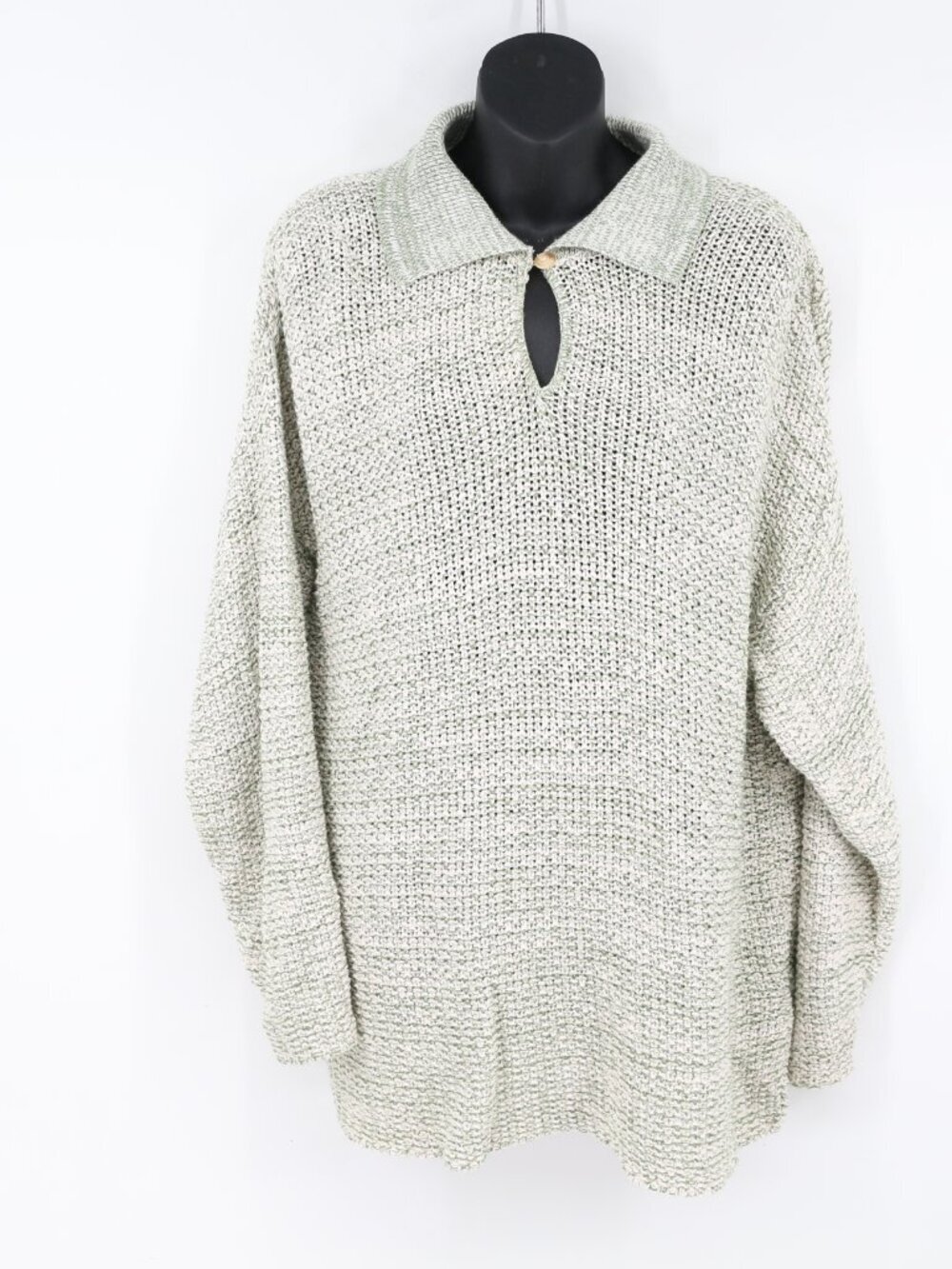 Vintage Avon Style Open Knit Collar Cotton Tunic Sweater 80s Warm XL Green White